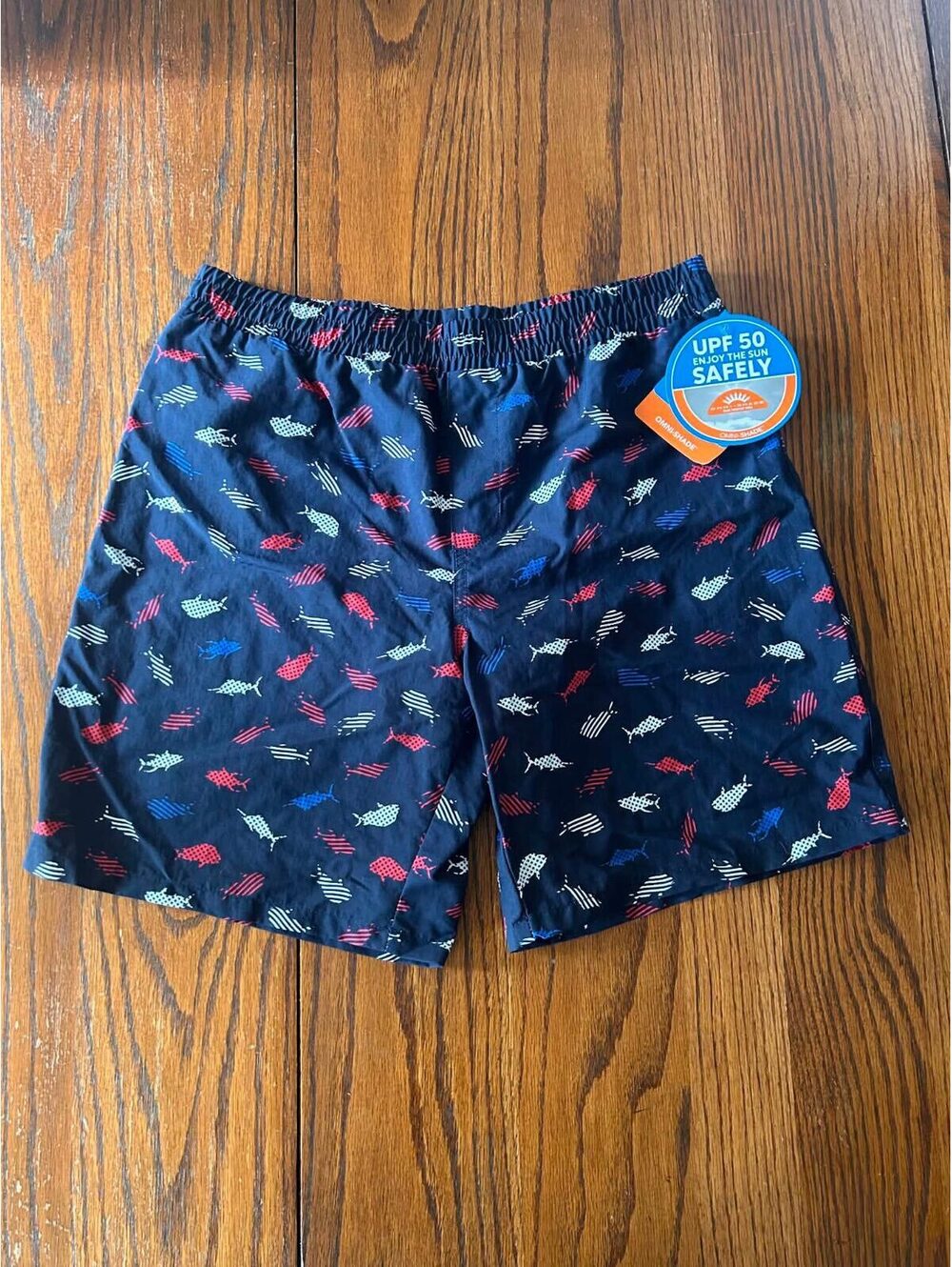 Columbia Boys Swim Trunks Large 14/16 NWT Navy Fish Shark Board Shorts UPF 50
